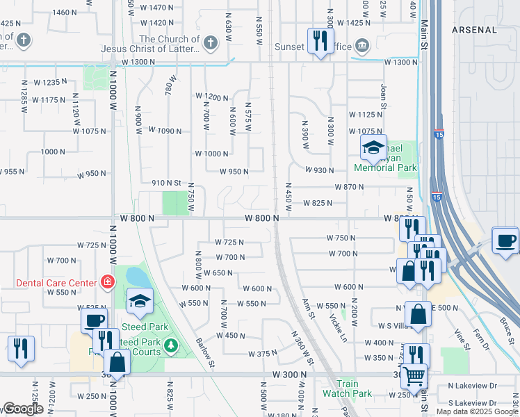 map of restaurants, bars, coffee shops, grocery stores, and more near 701 West 775 North in Clearfield