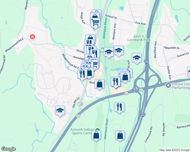 map of restaurants, bars, coffee shops, grocery stores, and more near 20 Bedford Road in Armonk