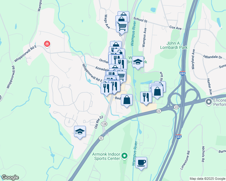 map of restaurants, bars, coffee shops, grocery stores, and more near 387 Main Street in Armonk