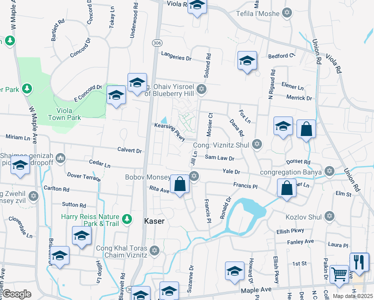 map of restaurants, bars, coffee shops, grocery stores, and more near 191 Kearsing Parkway in Monsey