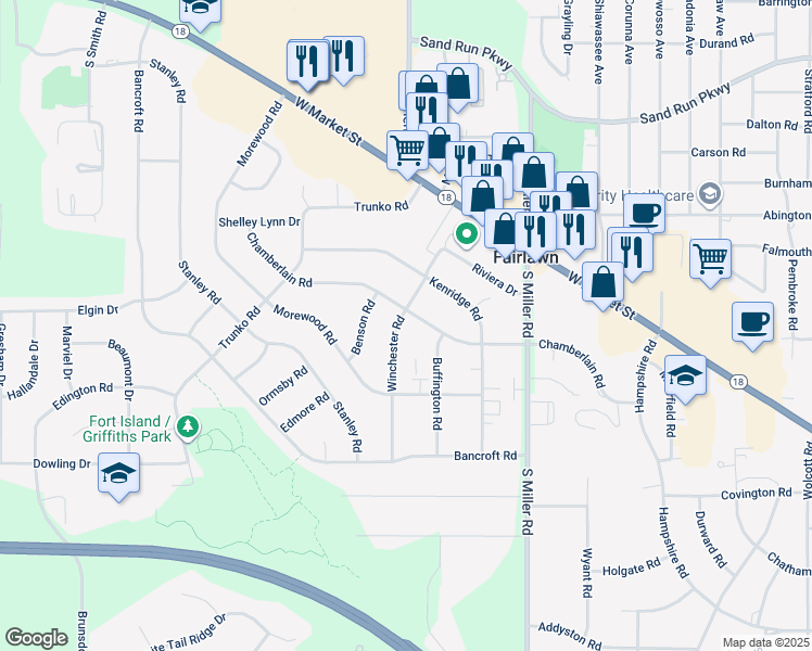 map of restaurants, bars, coffee shops, grocery stores, and more near 175 Winchester Road in Fairlawn
