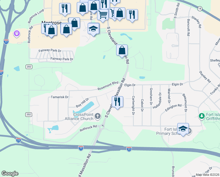 map of restaurants, bars, coffee shops, grocery stores, and more near 3520 Bay Hill Drive in Akron