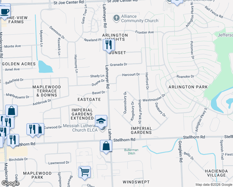 map of restaurants, bars, coffee shops, grocery stores, and more near 7521 Parliament Place in Fort Wayne