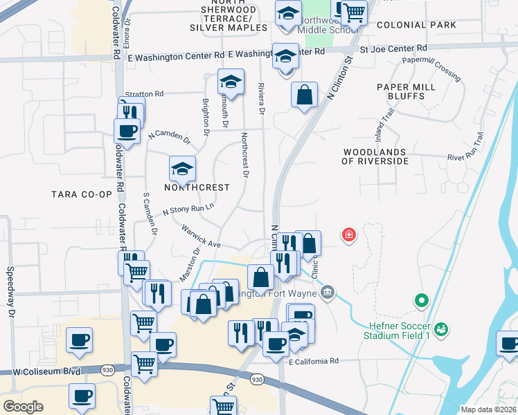 map of restaurants, bars, coffee shops, grocery stores, and more near 5136 Riviera Drive in Fort Wayne