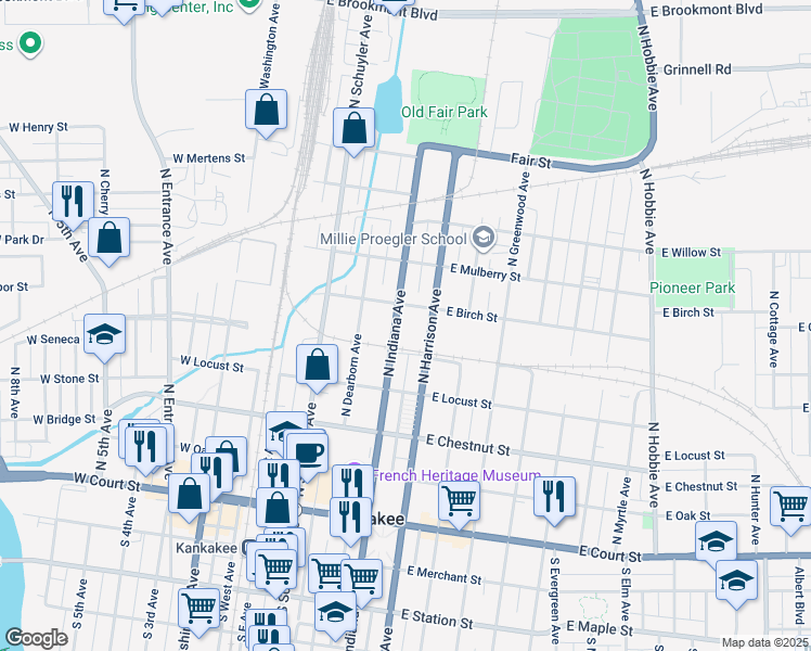 map of restaurants, bars, coffee shops, grocery stores, and more near 525 North Harrison Avenue in Kankakee