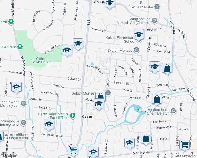 map of restaurants, bars, coffee shops, grocery stores, and more near 200 Kearsing Parkway in Monsey