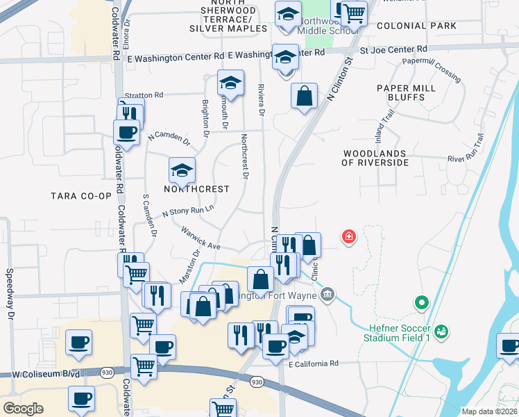 map of restaurants, bars, coffee shops, grocery stores, and more near 5136 Riviera Drive in Fort Wayne