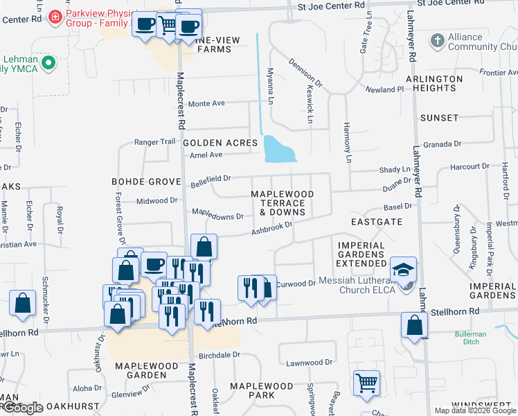 map of restaurants, bars, coffee shops, grocery stores, and more near 5002 Driftwood Dr in Fort Wayne