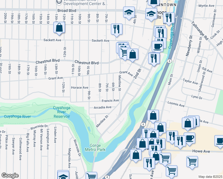 map of restaurants, bars, coffee shops, grocery stores, and more near 1540 6th Street in Cuyahoga Falls