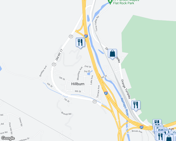 map of restaurants, bars, coffee shops, grocery stores, and more near 30 3rd Street in Hillburn