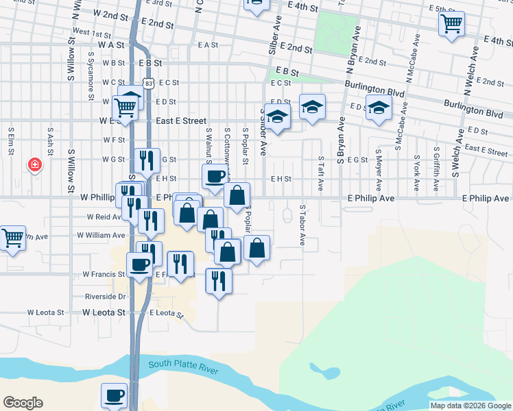 map of restaurants, bars, coffee shops, grocery stores, and more near 718 East Philip Avenue in North Platte