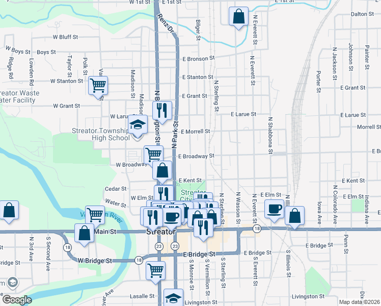 map of restaurants, bars, coffee shops, grocery stores, and more near 612 North Monroe Street in Streator