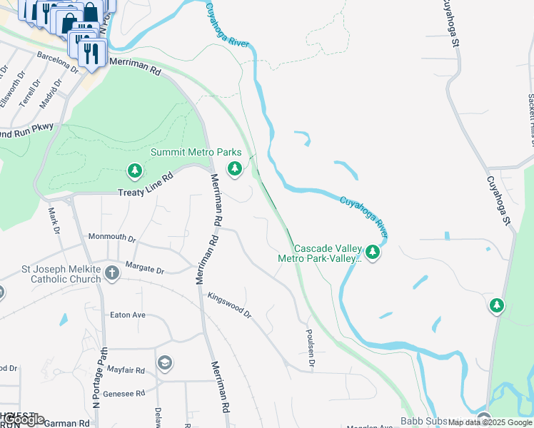 map of restaurants, bars, coffee shops, grocery stores, and more near 1243 Woodsview Drive in Akron