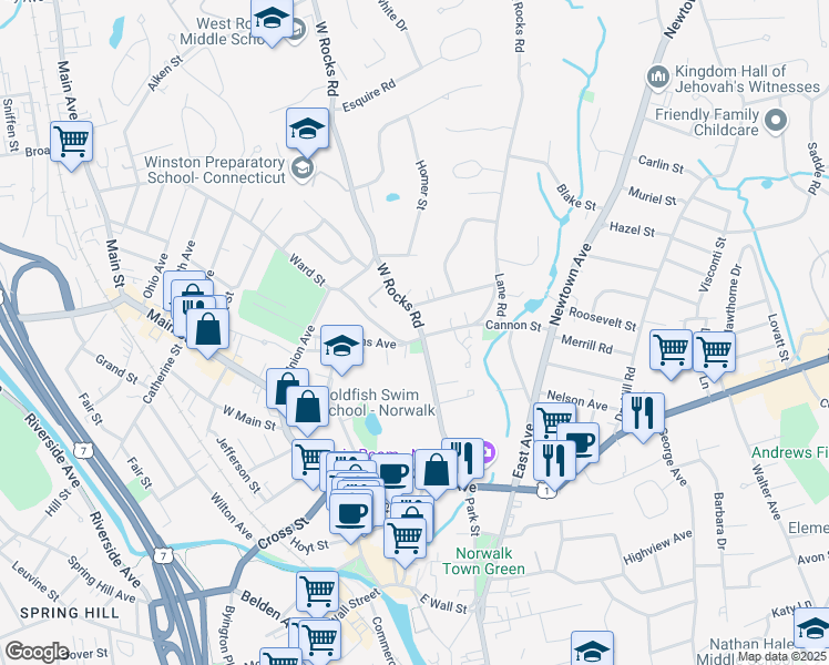 map of restaurants, bars, coffee shops, grocery stores, and more near 239 West Rocks Road in Norwalk