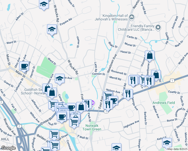map of restaurants, bars, coffee shops, grocery stores, and more near 26 Cannon Street in Norwalk