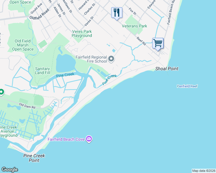 map of restaurants, bars, coffee shops, grocery stores, and more near 1275 Fairfield Beach Road in Fairfield