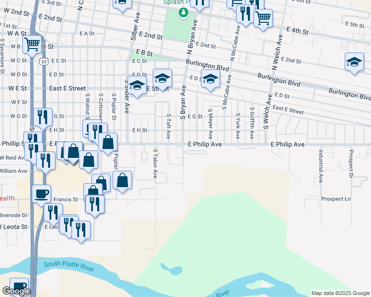 map of restaurants, bars, coffee shops, grocery stores, and more near 901 South Bryan Avenue in North Platte