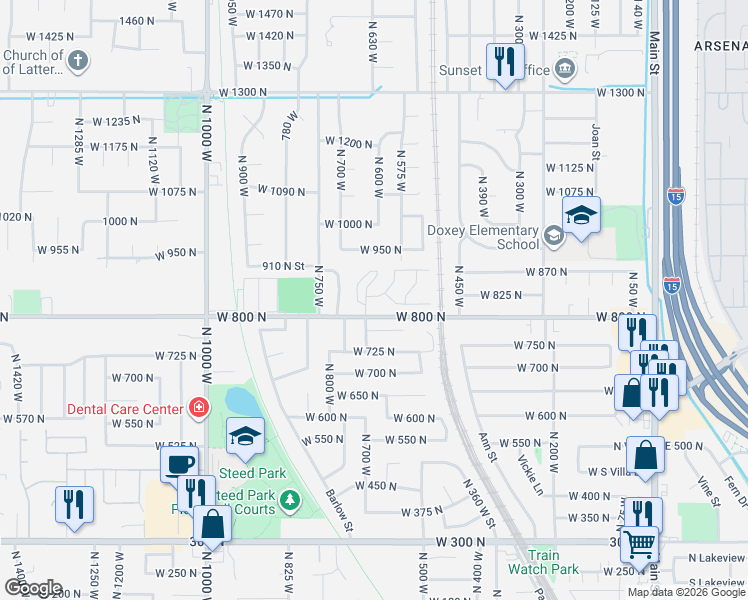 map of restaurants, bars, coffee shops, grocery stores, and more near 626 West 800 North in Clinton