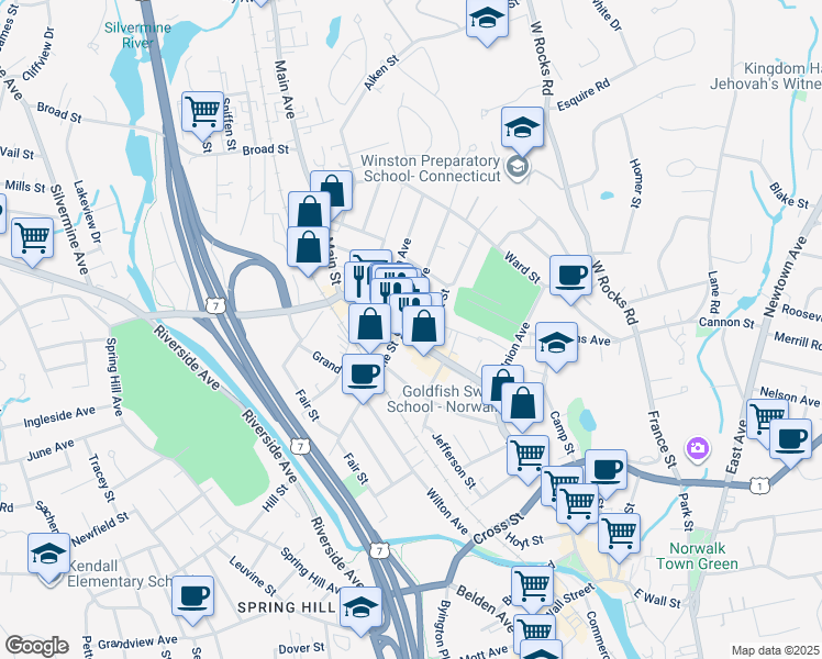 map of restaurants, bars, coffee shops, grocery stores, and more near 161 Main Street in Norwalk