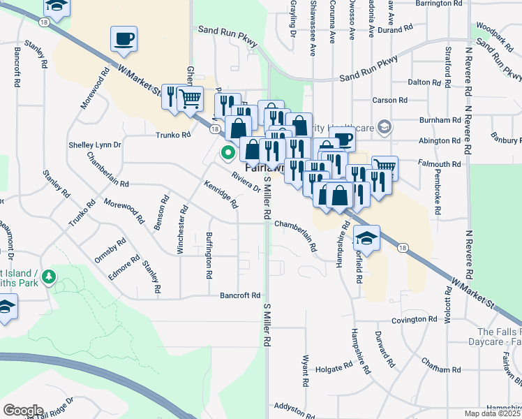map of restaurants, bars, coffee shops, grocery stores, and more near 2795 Chamberlain Road in Fairlawn