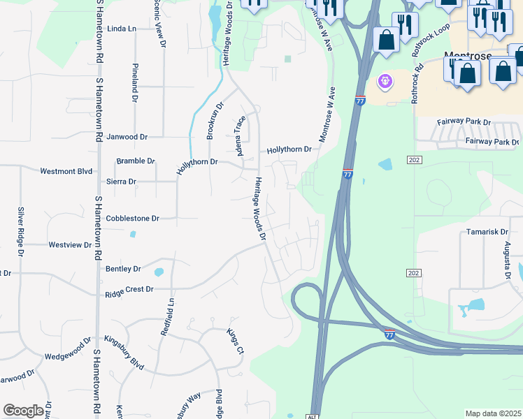 map of restaurants, bars, coffee shops, grocery stores, and more near 4119 Camelot Court in Akron
