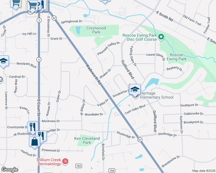 map of restaurants, bars, coffee shops, grocery stores, and more near 950 Wadsworth Road in Medina