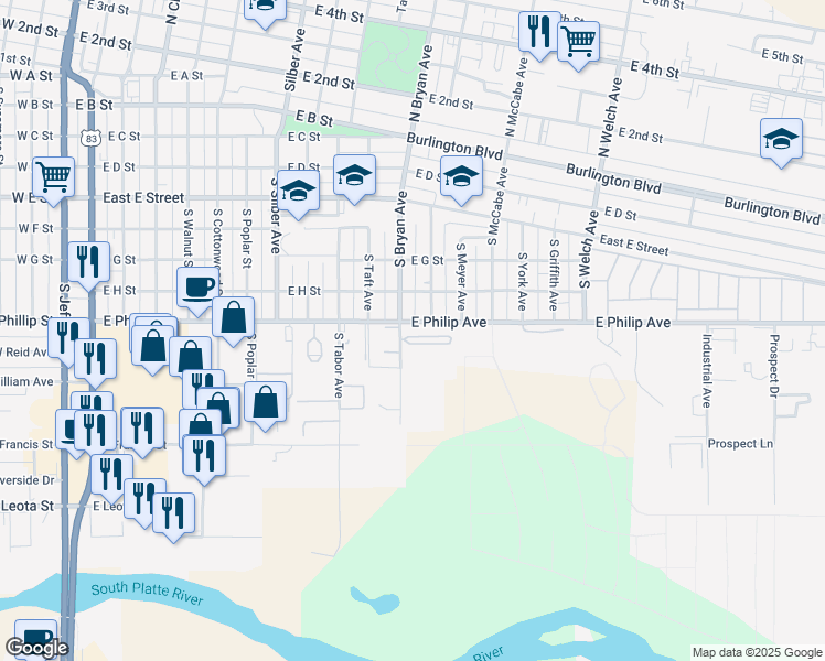 map of restaurants, bars, coffee shops, grocery stores, and more near 901 South Bryan Avenue in North Platte