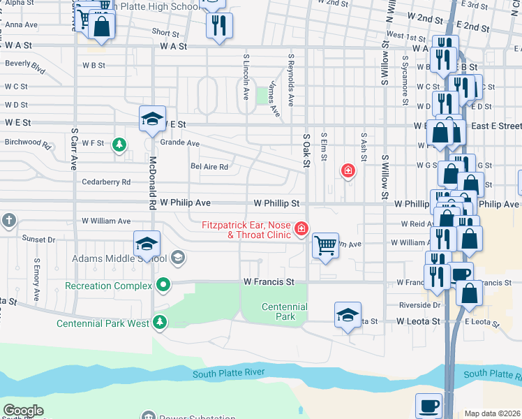 map of restaurants, bars, coffee shops, grocery stores, and more near 909-1013 West Reid Avenue in North Platte