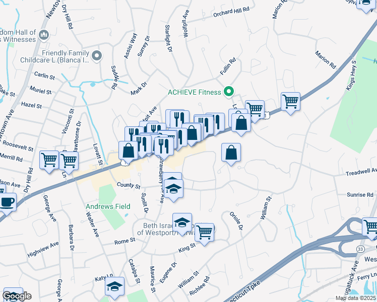 map of restaurants, bars, coffee shops, grocery stores, and more near 440 Westport Avenue in Norwalk