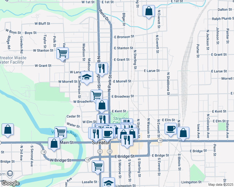 map of restaurants, bars, coffee shops, grocery stores, and more near 212 East Broadway Street in Streator