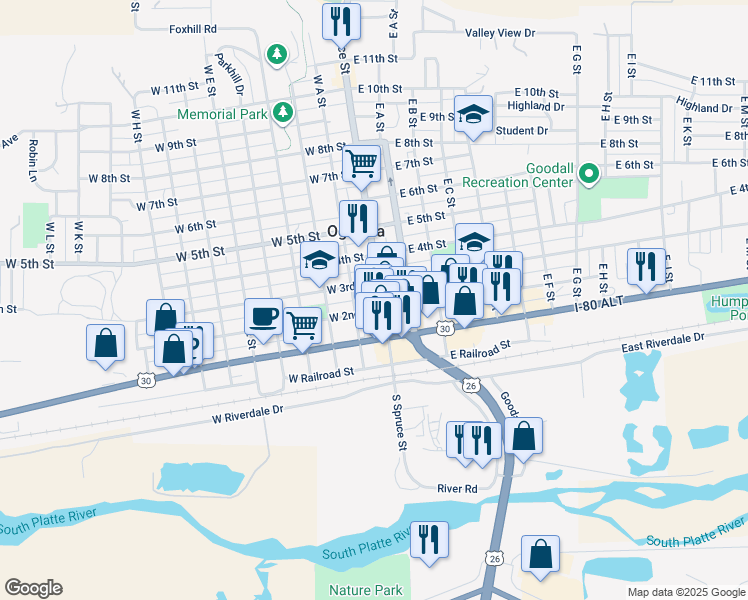 map of restaurants, bars, coffee shops, grocery stores, and more near 208 North Spruce Street in Ogallala