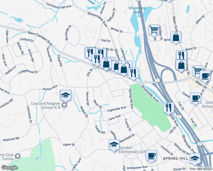 map of restaurants, bars, coffee shops, grocery stores, and more near 10 Bartlett Manor in Norwalk