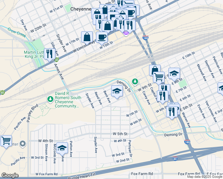 map of restaurants, bars, coffee shops, grocery stores, and more near 610 West 10th Street in Cheyenne