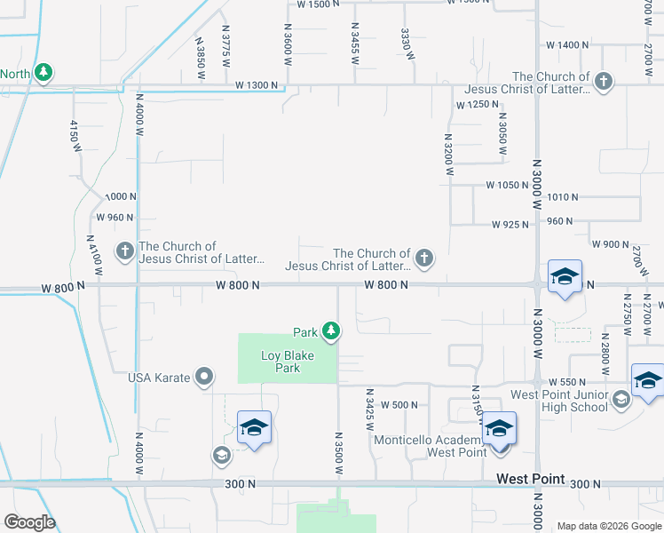 map of restaurants, bars, coffee shops, grocery stores, and more near 3529 825 North in West Point