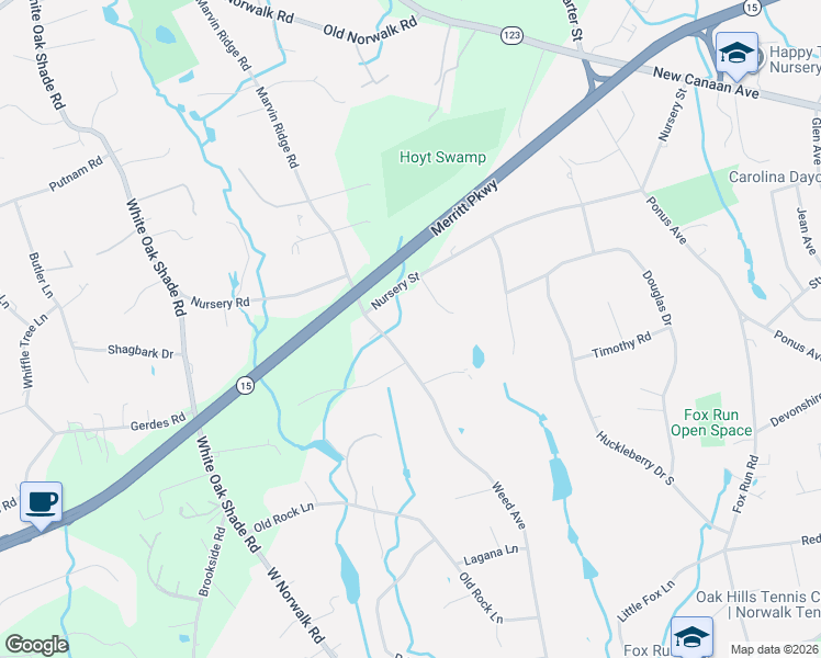 map of restaurants, bars, coffee shops, grocery stores, and more near 96 Weed Avenue in Norwalk