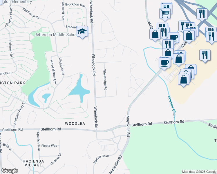 map of restaurants, bars, coffee shops, grocery stores, and more near 4715-4725 Wheatridge Road in Fort Wayne