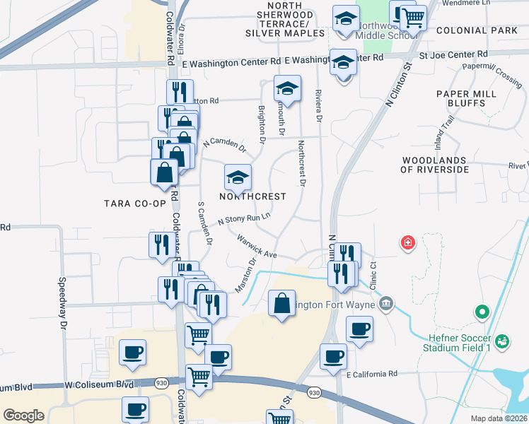 map of restaurants, bars, coffee shops, grocery stores, and more near 5209 North Stony Run Lane in Fort Wayne
