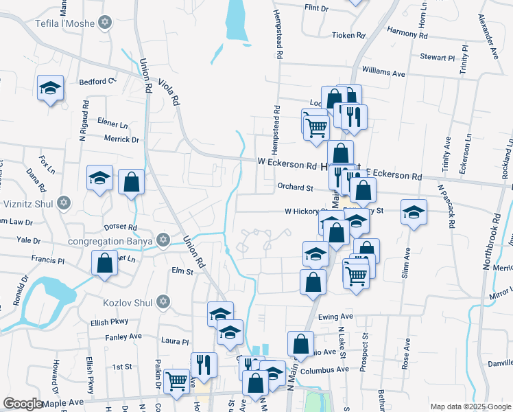 map of restaurants, bars, coffee shops, grocery stores, and more near 42 West Hickory Street in Spring Valley