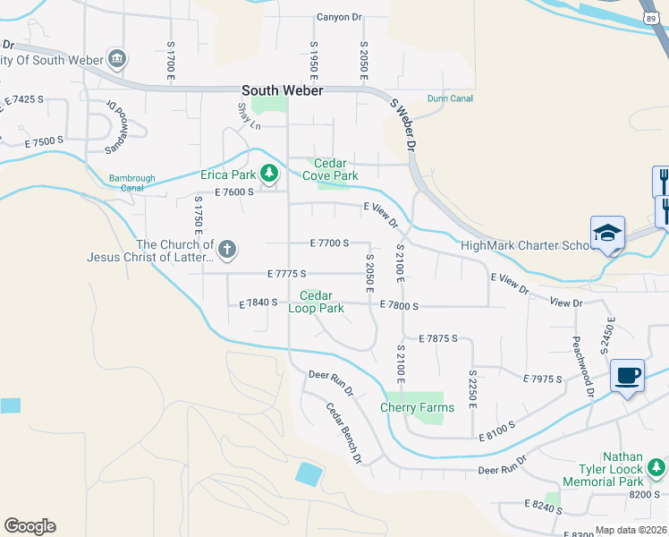 map of restaurants, bars, coffee shops, grocery stores, and more near 1974 East 7775 South in South Weber