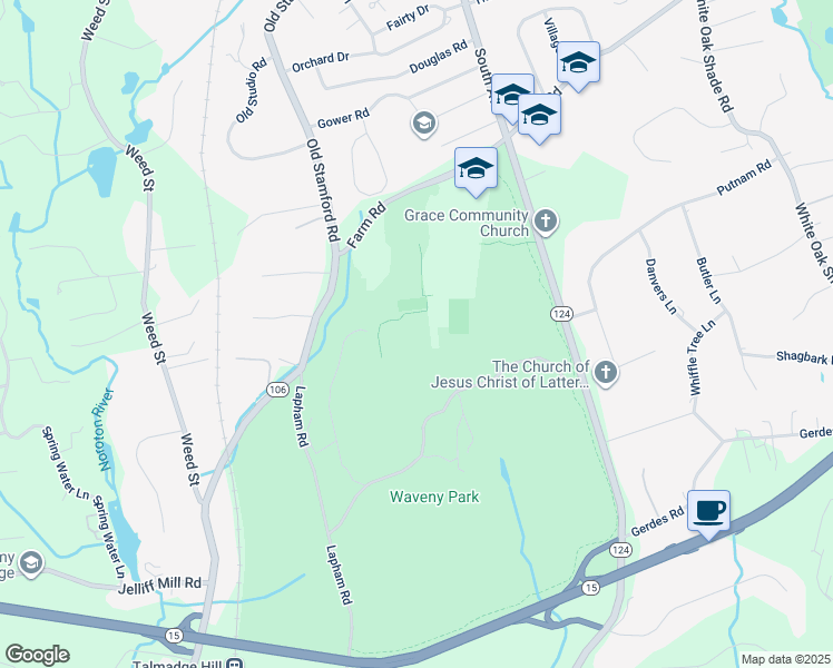 map of restaurants, bars, coffee shops, grocery stores, and more near 11 Farm Road in New Canaan