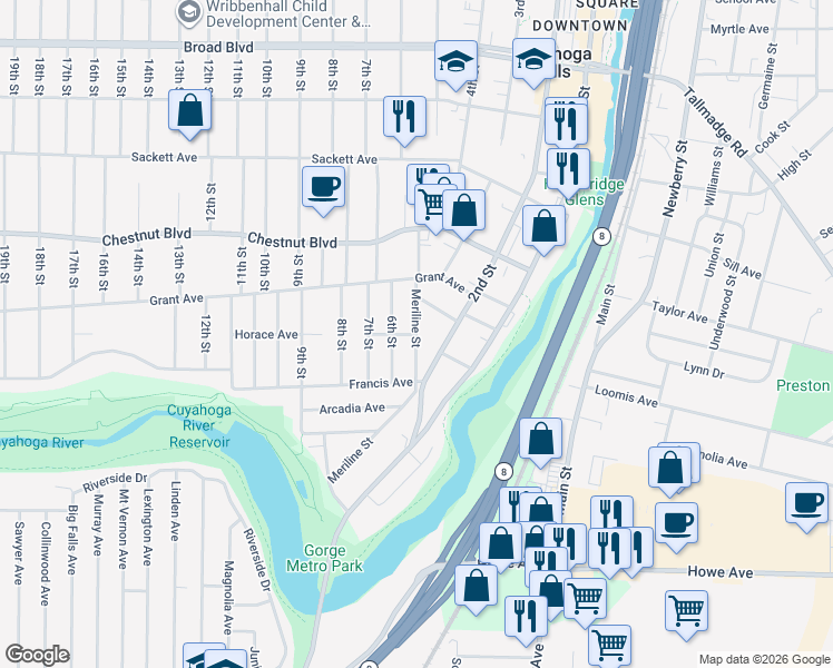 map of restaurants, bars, coffee shops, grocery stores, and more near 1540 Meriline Street in Cuyahoga Falls