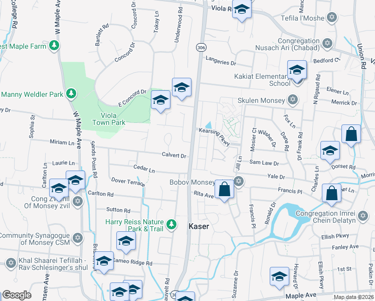 map of restaurants, bars, coffee shops, grocery stores, and more near 37 Calvert Drive in Monsey