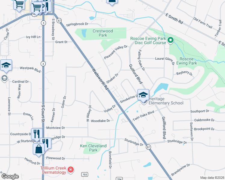 map of restaurants, bars, coffee shops, grocery stores, and more near 950 Wadsworth Road in Medina
