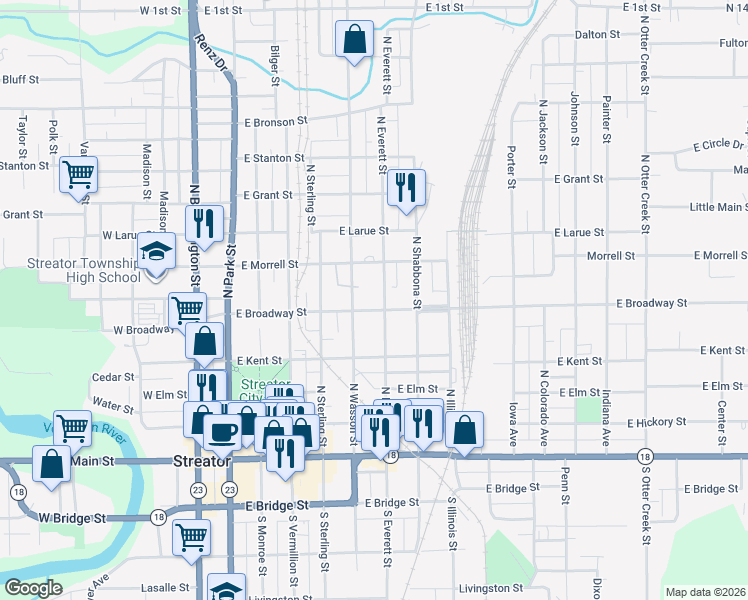 map of restaurants, bars, coffee shops, grocery stores, and more near 601 East Broadway Street in Streator