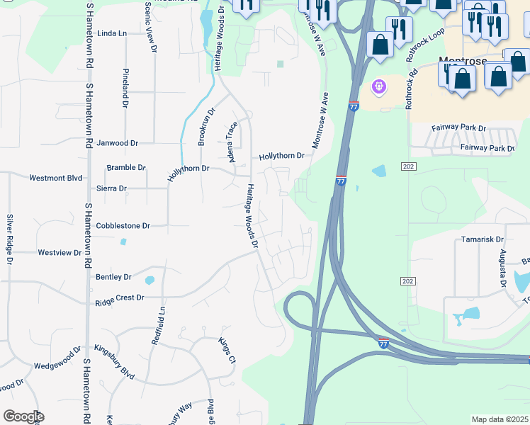 map of restaurants, bars, coffee shops, grocery stores, and more near 525 Robin Wood Lane in Copley