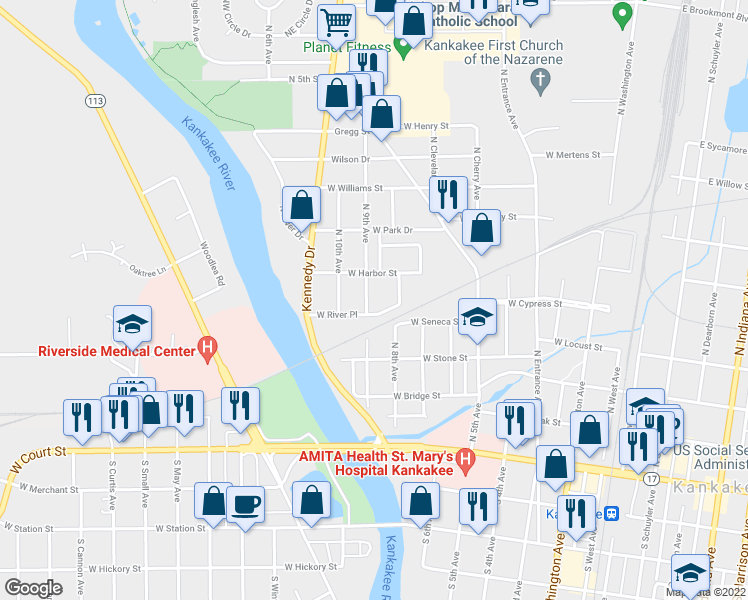 map of restaurants, bars, coffee shops, grocery stores, and more near 828 West River Place in Kankakee