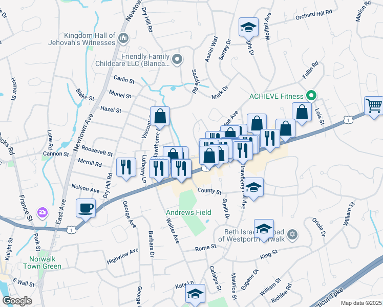 map of restaurants, bars, coffee shops, grocery stores, and more near 295 Westport Avenue in Norwalk
