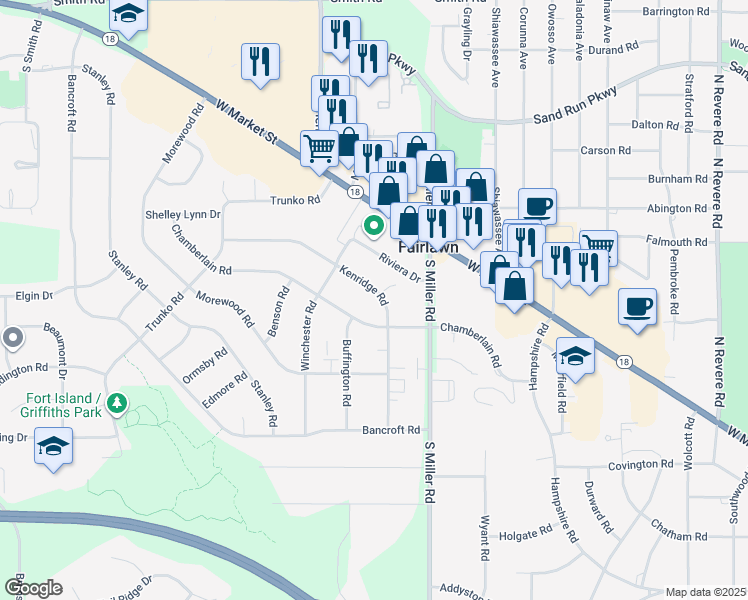 map of restaurants, bars, coffee shops, grocery stores, and more near 2829 Chamberlain Road in Fairlawn