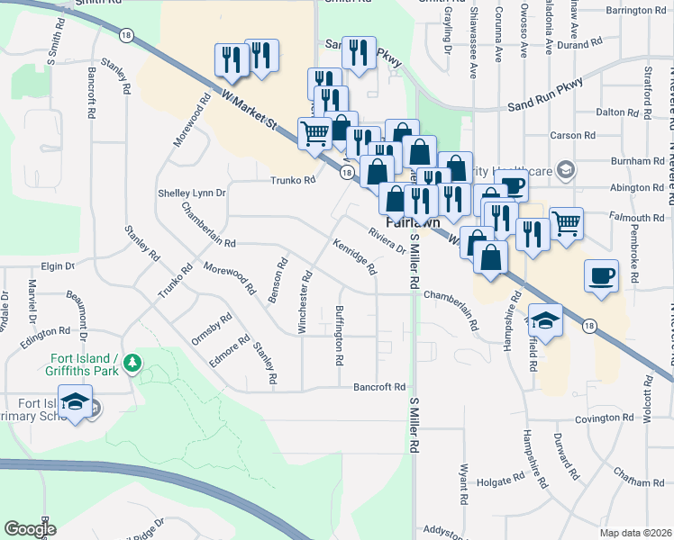 map of restaurants, bars, coffee shops, grocery stores, and more near 2872 Chamberlain Road in Fairlawn