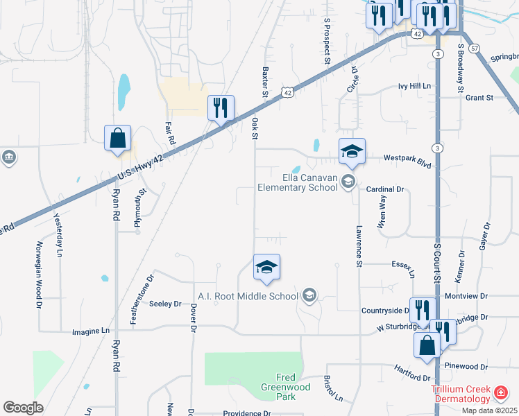 map of restaurants, bars, coffee shops, grocery stores, and more near 637 Cedar Street in Medina
